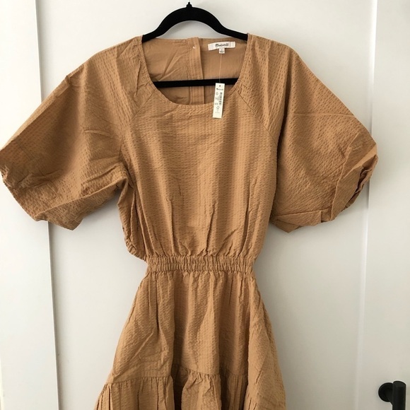 Madewell Tan Khaki Puff-Sleeve Cutout Mini Dress L - Picture 6 of 12